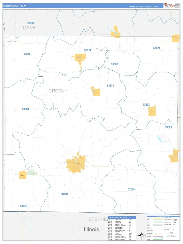 Green County, WI ZIP Code Wall Map, Business Reference style