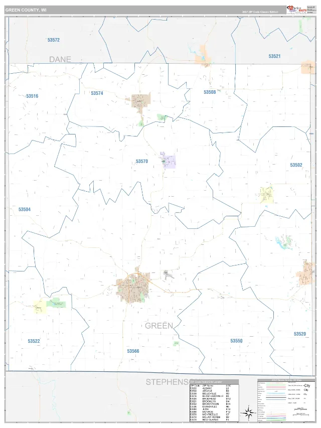 Green County, WI ZIP Code Wall Map, Classic style