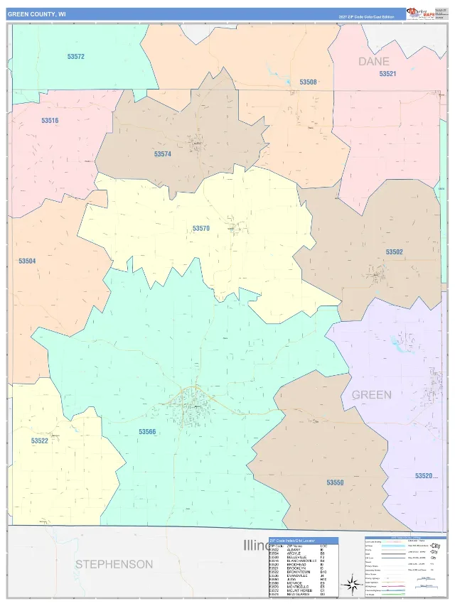 Green County, WI ZIP Code Wall Map, ColorCast style