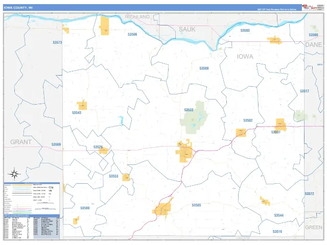 Iowa County, WI ZIP Code Wall Map, Business Reference style