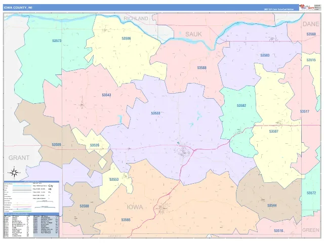Iowa County, WI ZIP Code Wall Map, ColorCast style