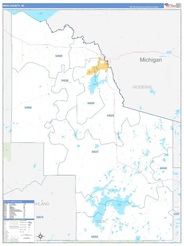 Iron County, WI ZIP Code Wall Map, Business Reference style