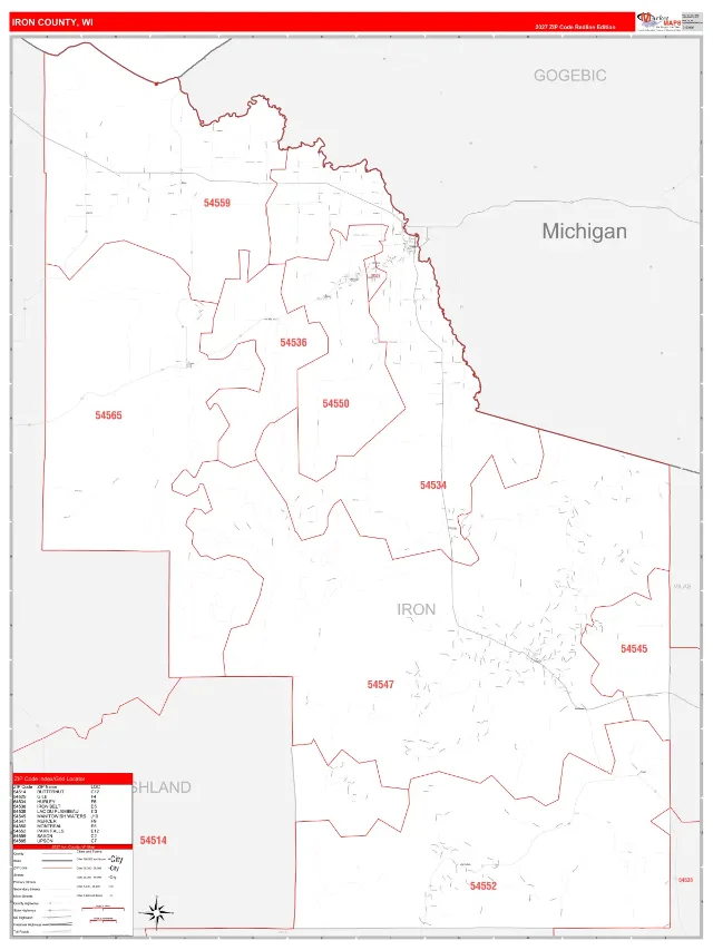 Iron County, WI ZIP Code Wall Map, RedLine style