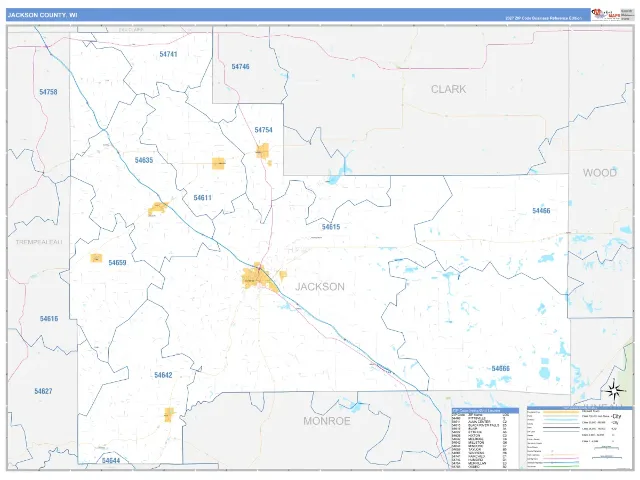 Jackson County, WI ZIP Code Wall Map, Business Reference style