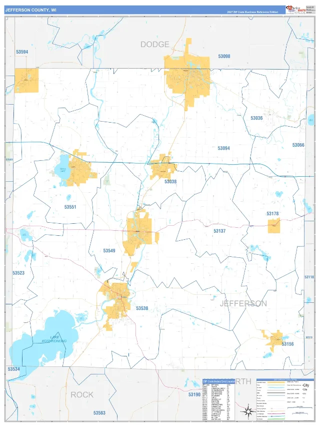 Jefferson County, WI ZIP Code Wall Map, Business Reference style