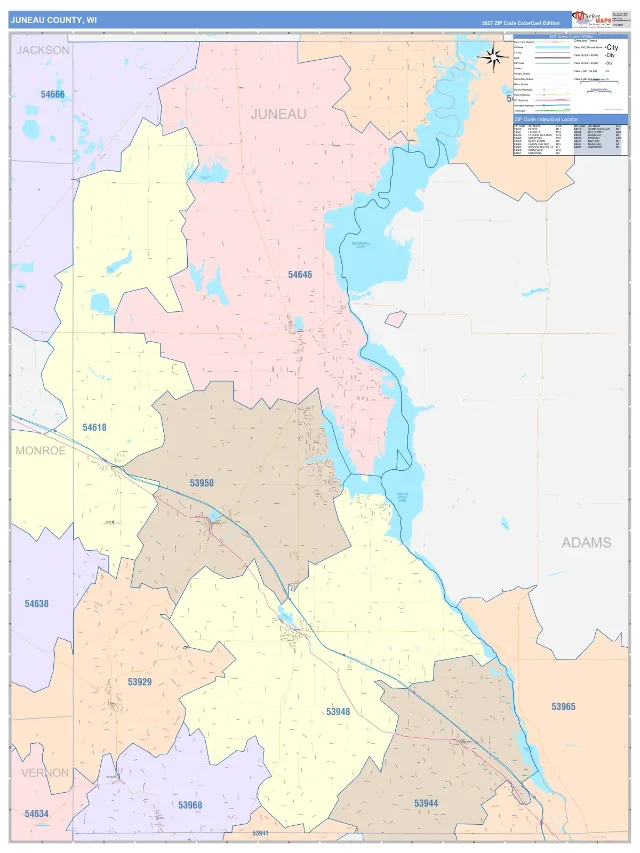 Juneau County, WI ZIP Code Wall Map, ColorCast style