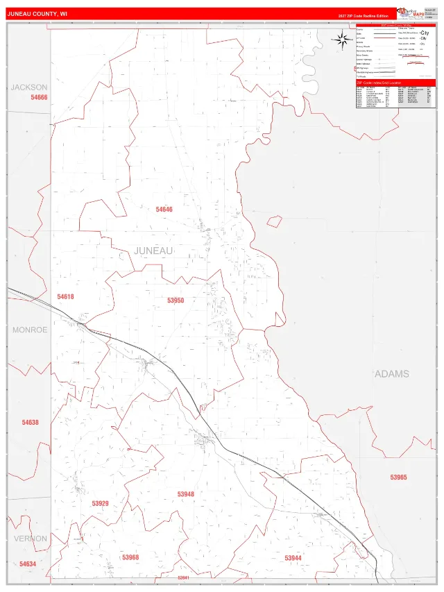 Juneau County, WI ZIP Code Wall Map, RedLine style