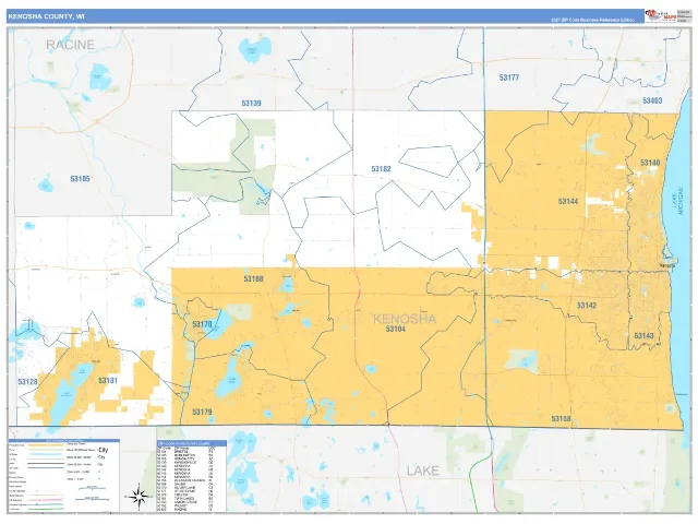 Kenosha County, WI ZIP Code Wall Map, Business Reference style