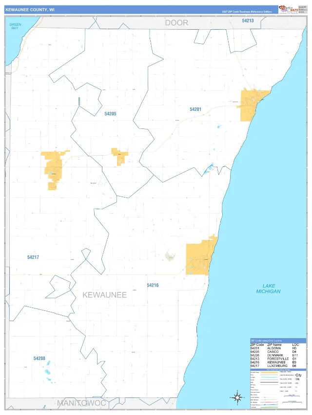 Kewaunee County, WI ZIP Code Wall Map, Business Reference style
