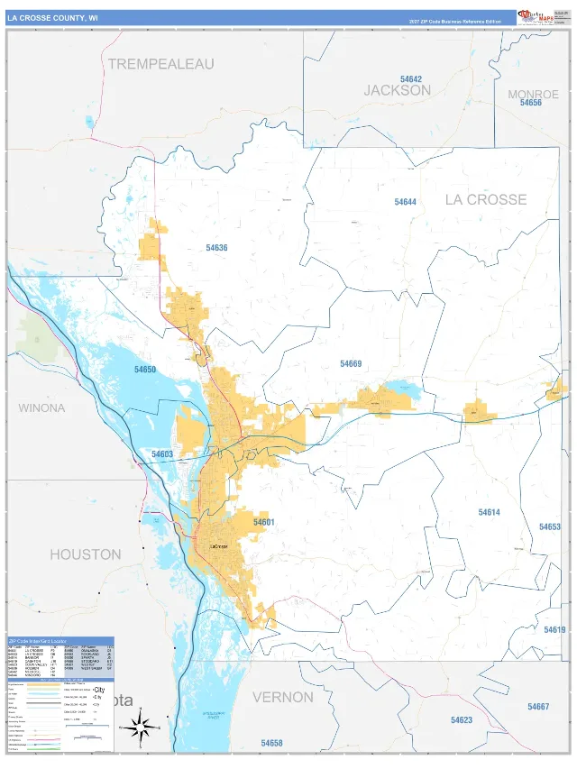La Crosse County, WI ZIP Code Wall Map, Business Reference style