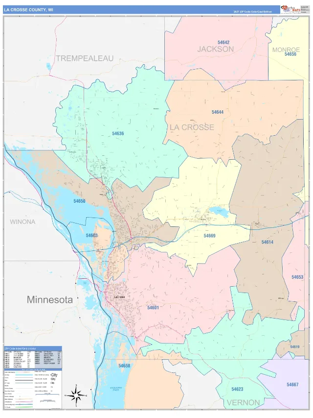 La Crosse County, WI ZIP Code Wall Map, ColorCast style
