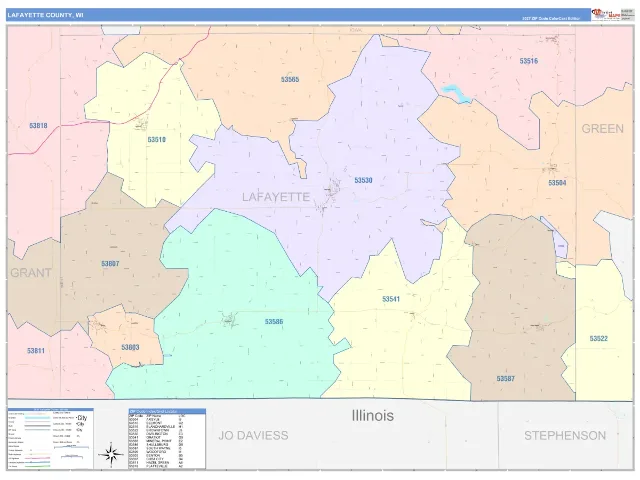 Lafayette County, WI ZIP Code Wall Map, ColorCast style