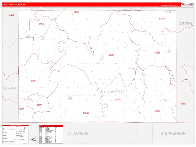 Lafayette County, WI ZIP Code Wall Map, RedLine style