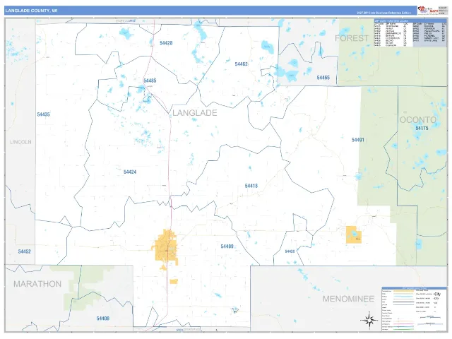 Langlade County, WI ZIP Code Wall Map, Business Reference style