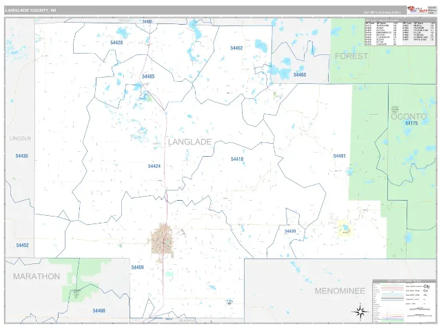 Langlade County, WI ZIP Code Wall Map, Classic style
