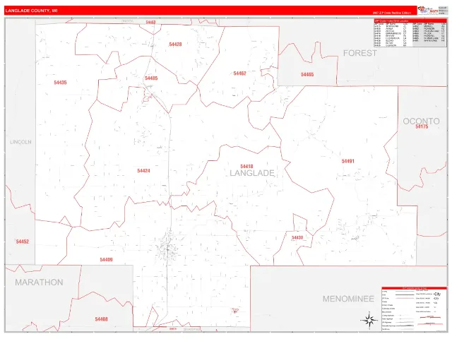 Langlade County, WI ZIP Code Wall Map, RedLine style