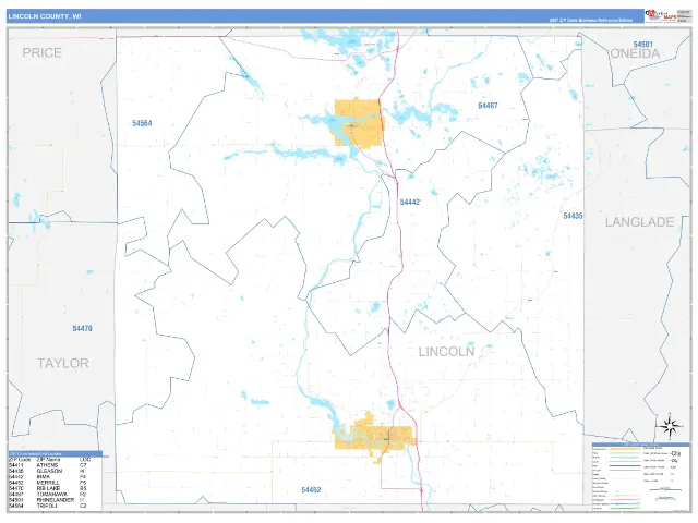 Lincoln County, WI ZIP Code Wall Map, Business Reference style