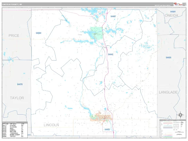 Lincoln County, WI ZIP Code Wall Map, Classic style