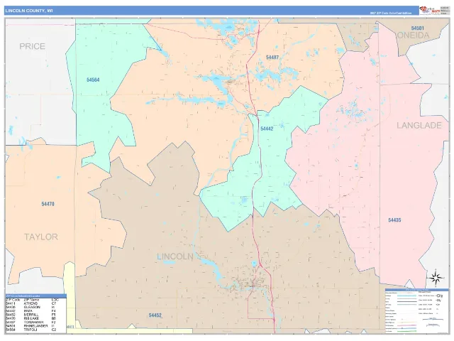 Lincoln County, WI ZIP Code Wall Map, ColorCast style