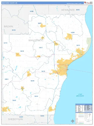 Manitowoc County, WI Business Reference style ZIP Code wall map