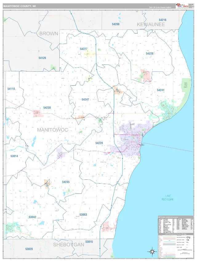 Manitowoc County, WI ZIP Code Wall Map, Classic style