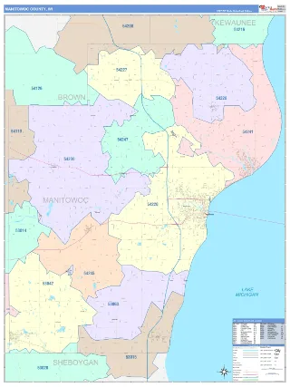 Manitowoc County, WI ColorCast style ZIP Code wall map