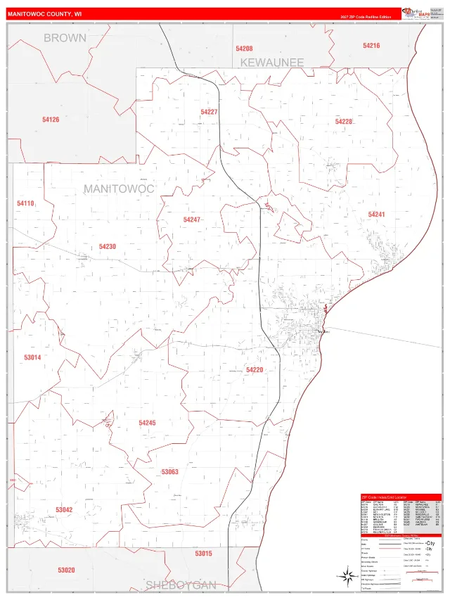 Manitowoc County, WI ZIP Code Wall Map, RedLine style