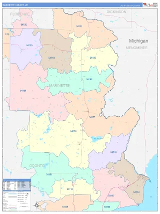 Marinette County, WI ColorCast style ZIP Code wall map