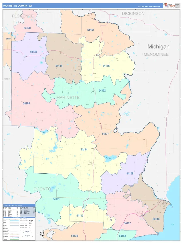 Marinette County, WI ZIP Code Wall Map, ColorCast style