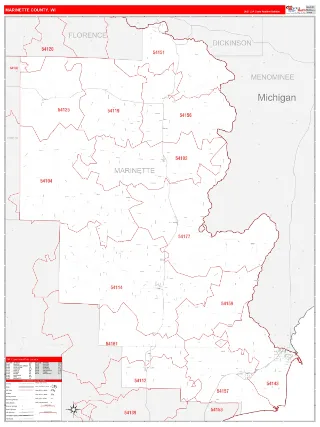 Marinette County, WI RedLine style ZIP Code wall map