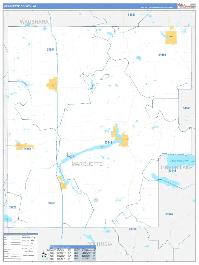 Marquette County, WI ZIP Code Wall Map, Business Reference style