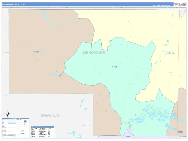 Menominee County, WI ZIP Code Wall Map, ColorCast style