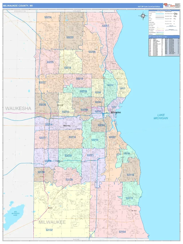 Milwaukee County, WI ZIP Code Wall Map, ColorCast style