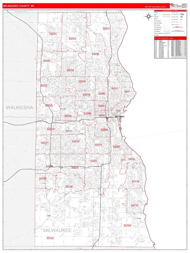 Milwaukee County, WI ZIP Code Wall Map, RedLine style