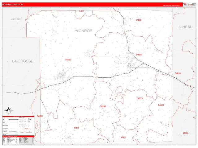 Monroe County, WI ZIP Code Wall Map, RedLine style