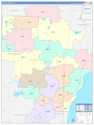 Oconto County, WI ColorCast style ZIP Code wall map
