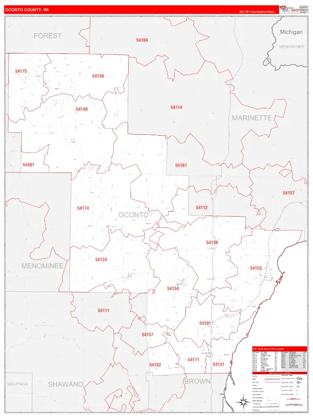 Oconto County, WI ZIP Code Wall Map, RedLine style