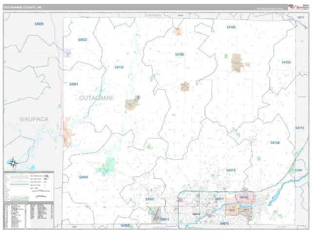Outagamie County, WI ZIP Code Wall Map, Classic style