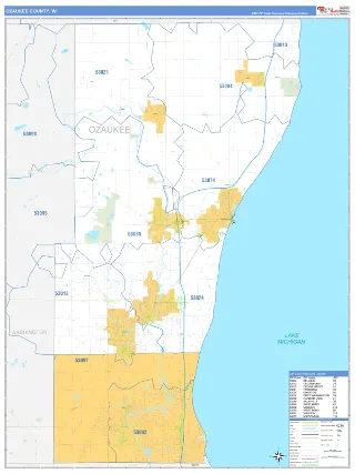 Ozaukee County, WI Business Reference style ZIP Code wall map