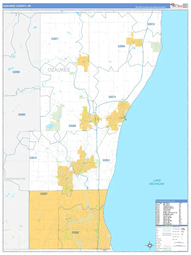 Ozaukee County, WI ZIP Code Wall Map, Business Reference style