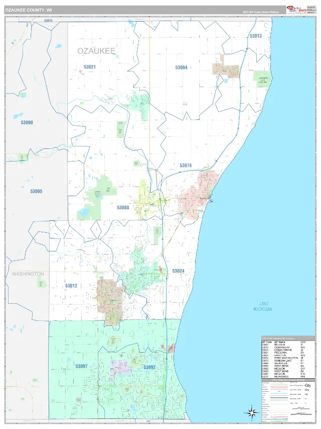 Ozaukee County, WI ZIP Code Wall Map, Classic style