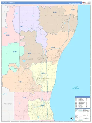 Ozaukee County, WI ColorCast style ZIP Code wall map
