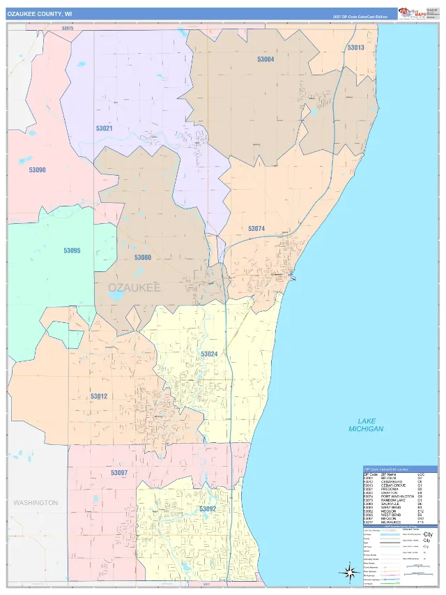 Ozaukee County, WI ZIP Code Wall Map, ColorCast style