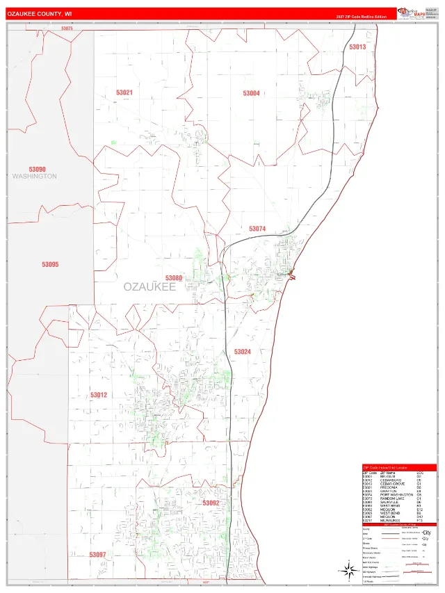 Ozaukee County, WI ZIP Code Wall Map, RedLine style