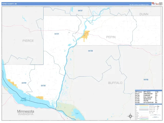 Pepin County, WI ZIP Code Wall Map, Business Reference style