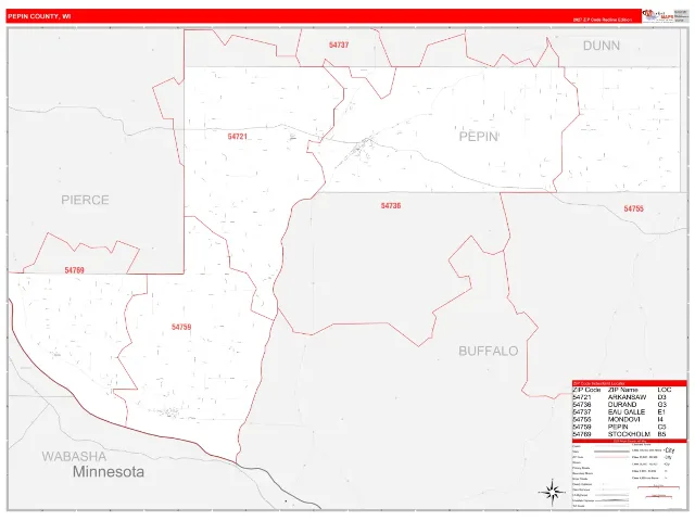 Pepin County, WI ZIP Code Wall Map, RedLine style