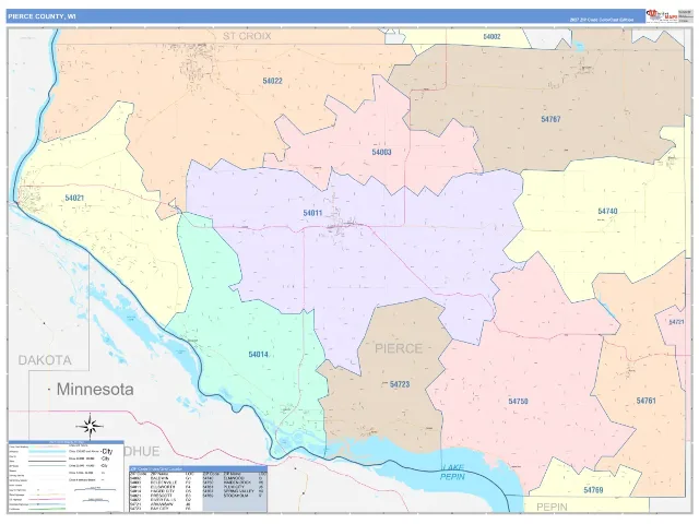 Pierce County, WI ZIP Code Wall Map, ColorCast style