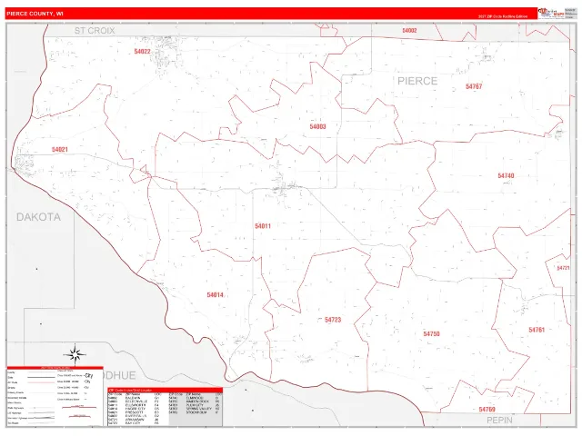 Pierce County, WI ZIP Code Wall Map, RedLine style