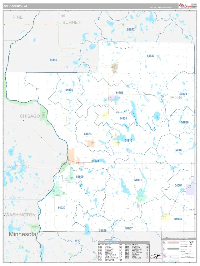 Polk County, WI ZIP Code Wall Map, Classic style