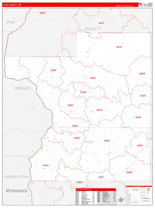 Polk County, WI RedLine style ZIP Code wall map